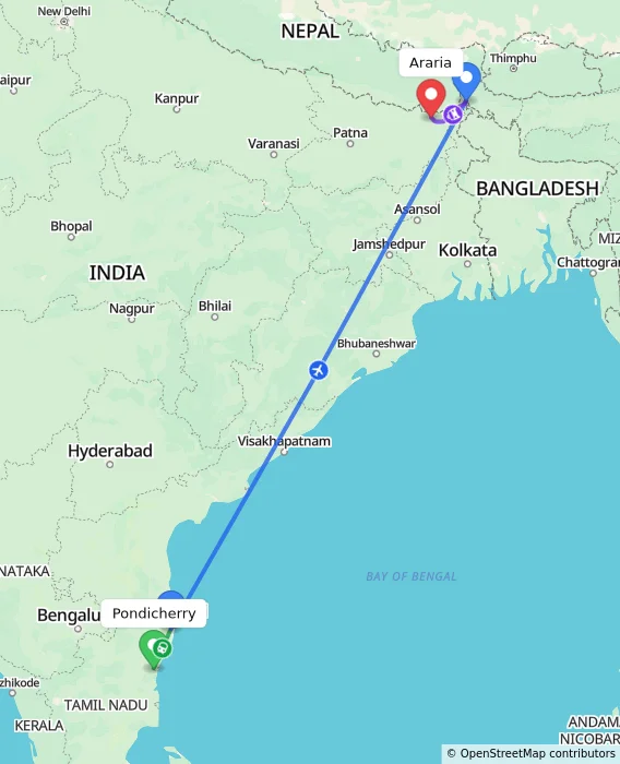 Route map showing distance and travel time from Puducherry, India to Araria, India