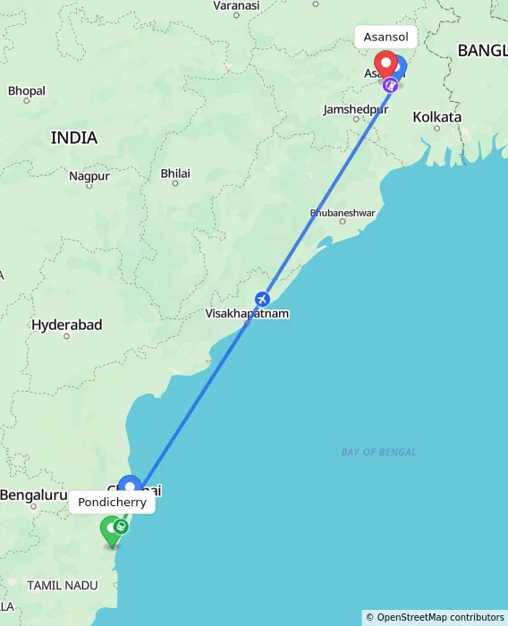 Route map showing distance and travel time from Puducherry, India to Asansol, India