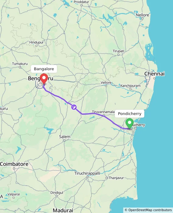 Route map showing distance and travel time from Puducherry, India to Bangalore, India