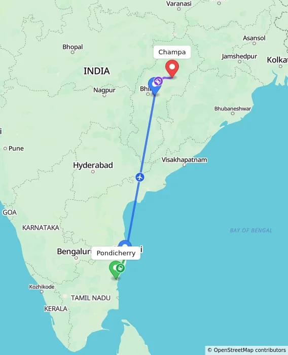 Route map showing distance and travel time from Puducherry, India to Champa, India