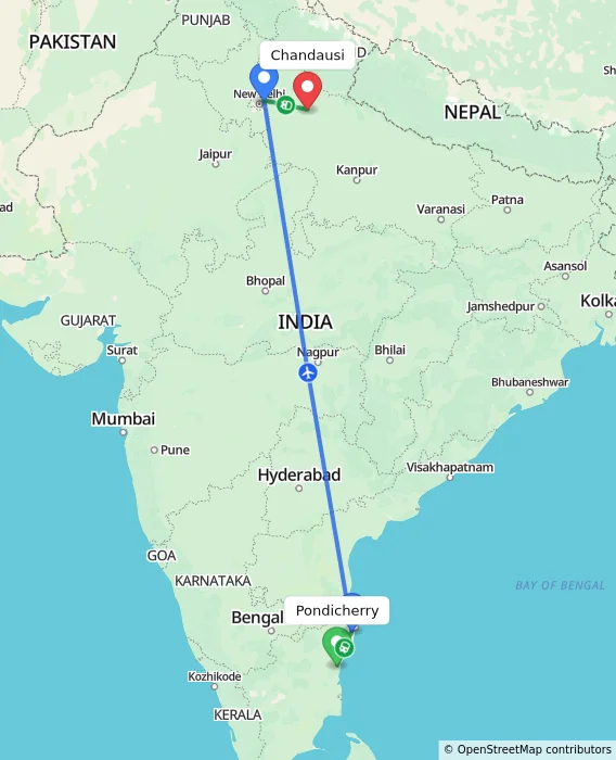Route map showing distance and travel time from Puducherry, India to Chandausi, India