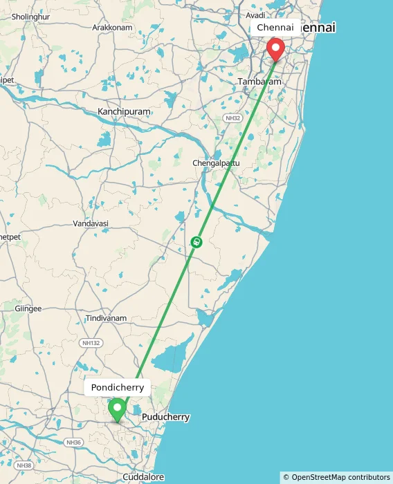 Route map showing distance and travel time from Puducherry, India to Chennai, India