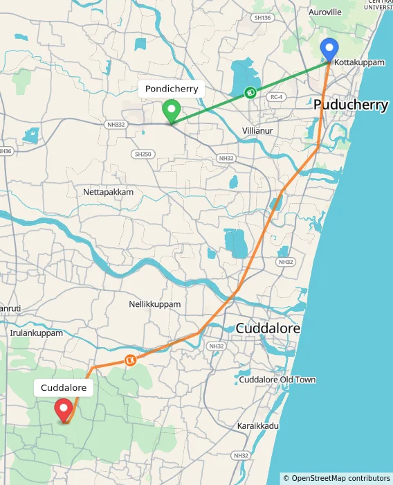 Route map showing distance and travel time from Puducherry, India to Cuddalore, India