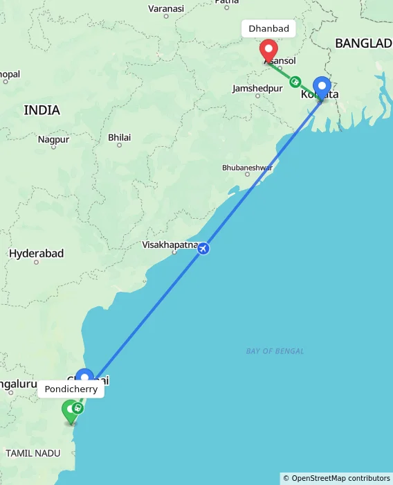 Route map showing distance and travel time from Puducherry, India to Dhanbad, India
