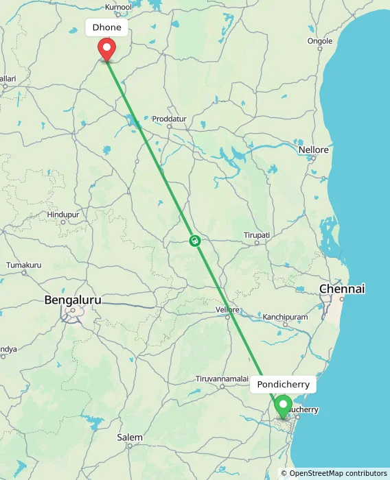 Route map showing distance and travel time from Puducherry, India to Dhone, India