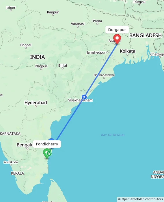 Route map showing distance and travel time from Puducherry, India to Durgapur, India