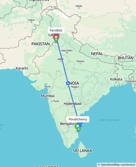 Route map showing distance and travel time from Puducherry, India to Faridkot, India