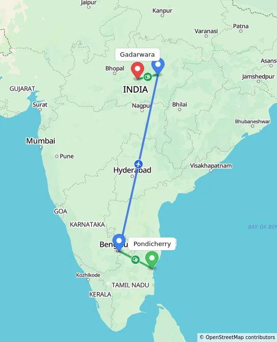 Route map showing distance and travel time from Puducherry, India to Gadarwara, India