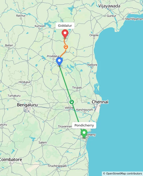 Route map showing distance and travel time from Puducherry, India to Giddalur, India