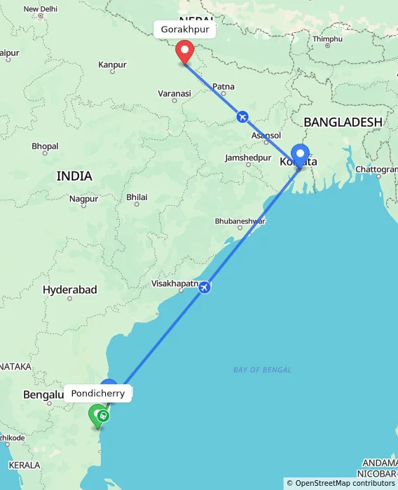 Route map showing distance and travel time from Puducherry, India to Gorakhpur, India