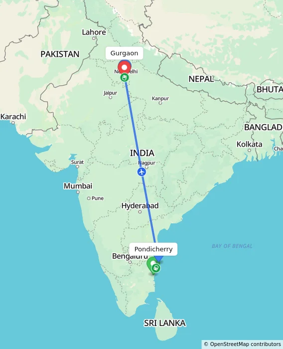 Route map showing distance and travel time from Puducherry, India to Gurgaon, India