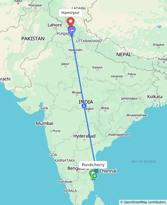 Route map showing distance and travel time from Puducherry, India to Hamirpur, India