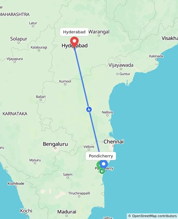 Route map showing distance and travel time from Puducherry, India to Hyderabad, India