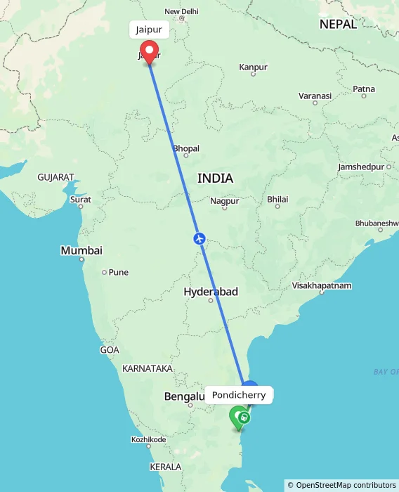 Route map showing distance and travel time from Puducherry, India to Jaipur, India
