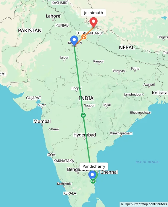 Route map showing distance and travel time from Puducherry, India to Joshimath, India