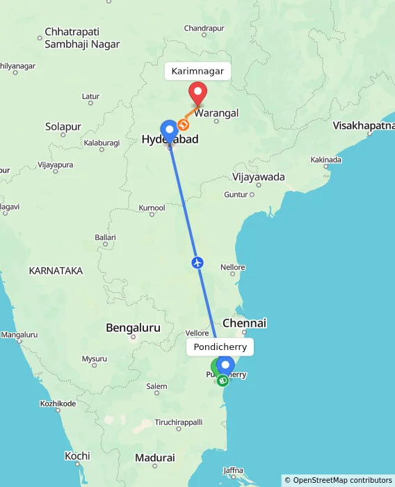 Route map showing distance and travel time from Puducherry, India to Karimnagar, India