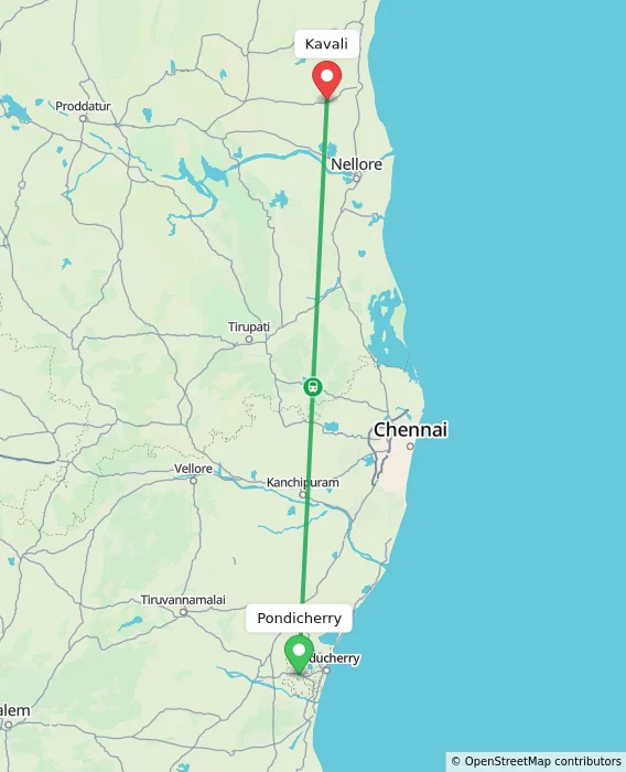 Route map showing distance and travel time from Puducherry, India to Kavali, India