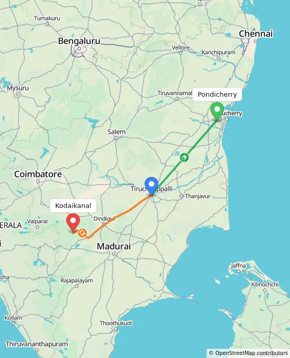 Route map showing distance and travel time from Puducherry, India to Kodaikanal, India