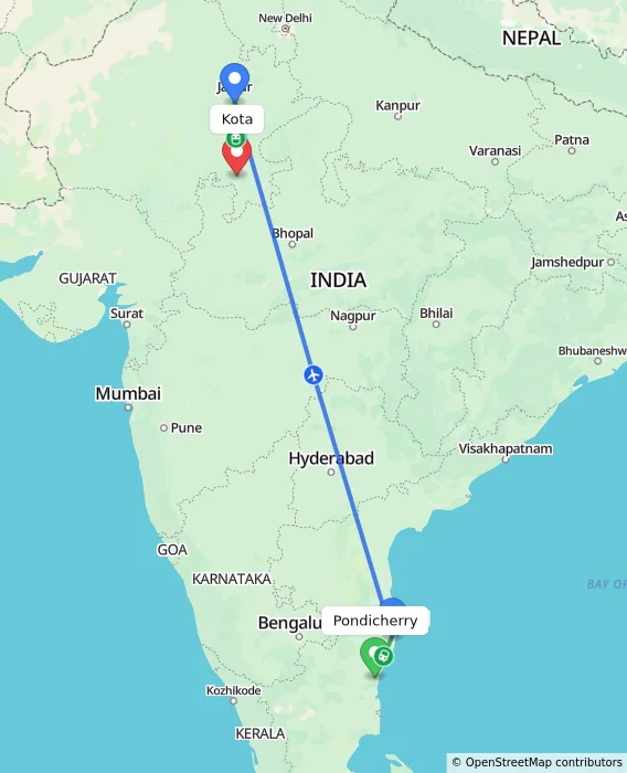 Route map showing distance and travel time from Puducherry, India to Kota, India