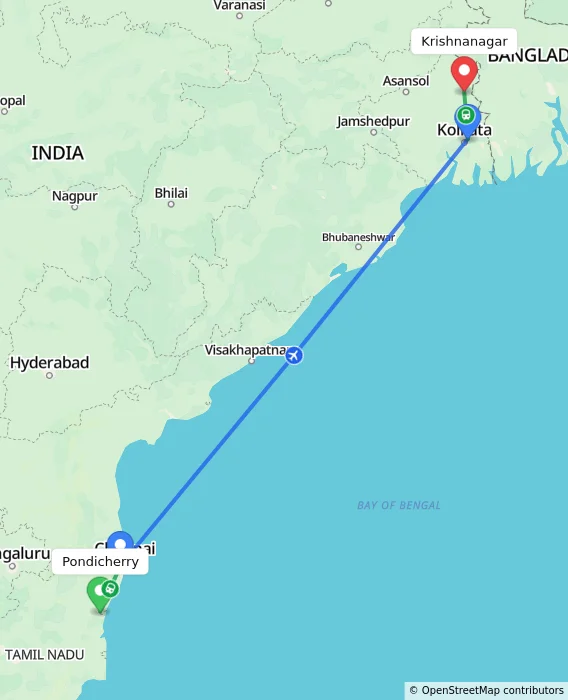 Route map showing distance and travel time from Puducherry, India to Krishnanagar, India