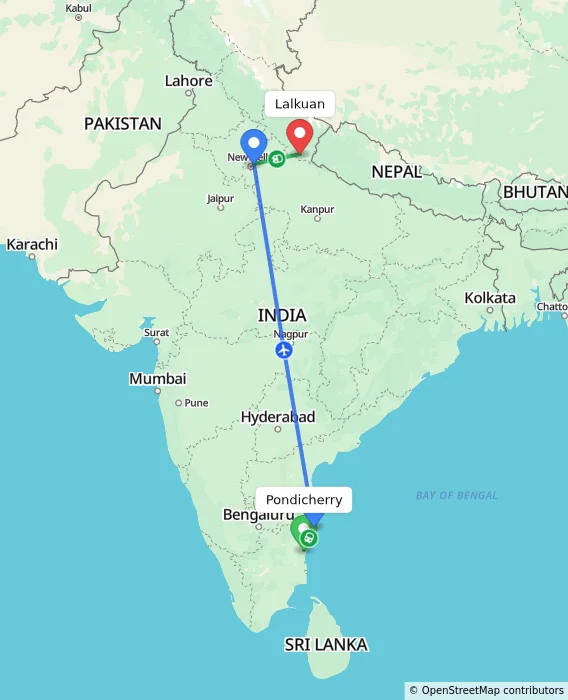 Route map showing distance and travel time from Puducherry, India to Lalkuan, India