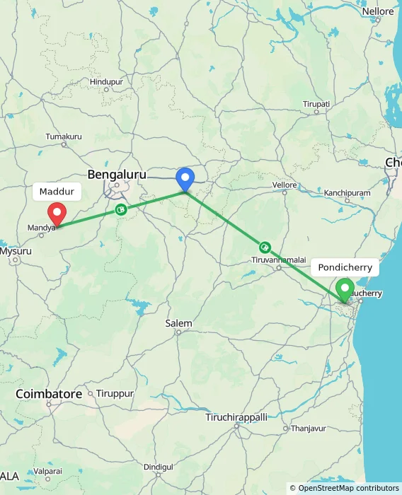 Route map showing distance and travel time from Puducherry, India to Maddur, India