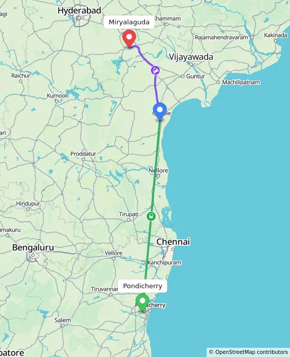 Route map showing distance and travel time from Puducherry, India to Miryalaguda, India