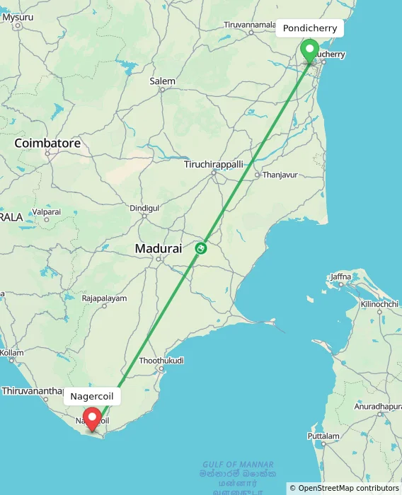 Route map showing distance and travel time from Puducherry, India to Nagercoil, India