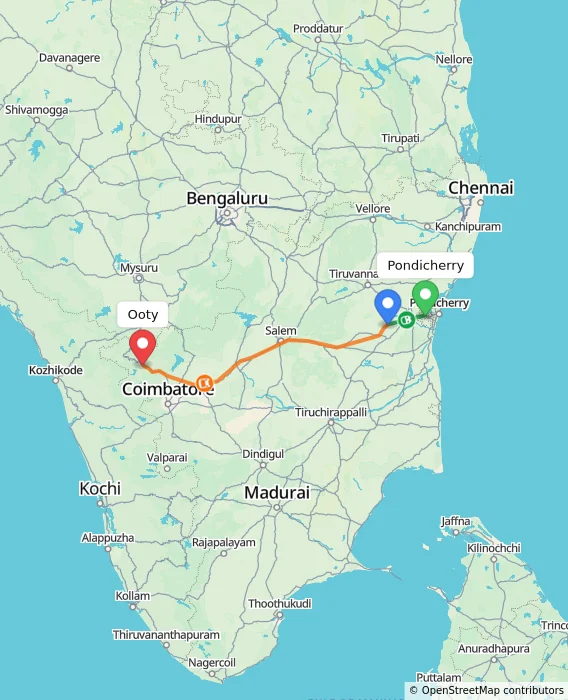Route map showing distance and travel time from Puducherry, India to Ooty, India