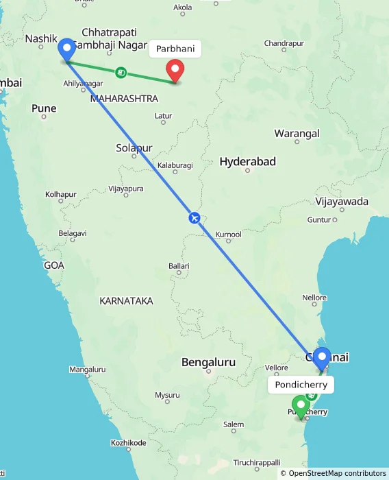 Route map showing distance and travel time from Puducherry, India to Parbhani, India