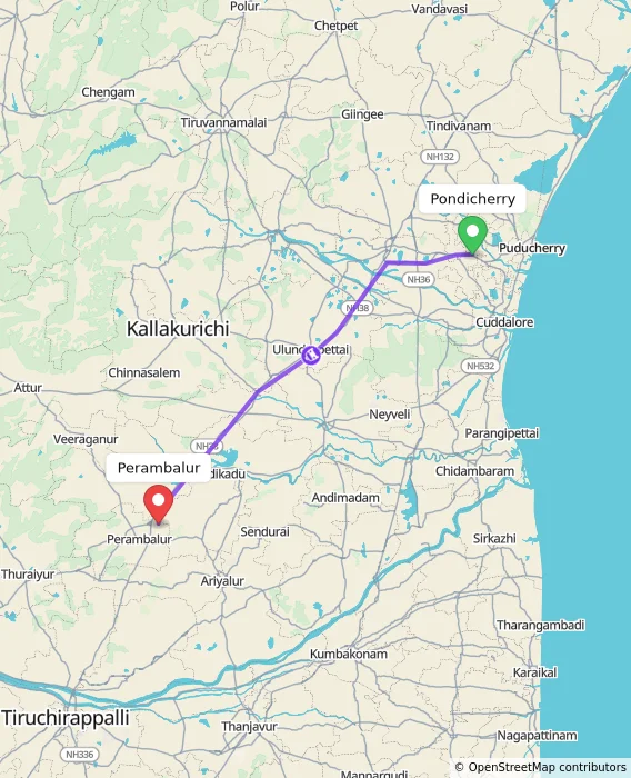 Route map showing distance and travel time from Puducherry, India to Perambalur, India