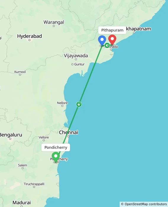 Route map showing distance and travel time from Puducherry, India to Pithapuram, India