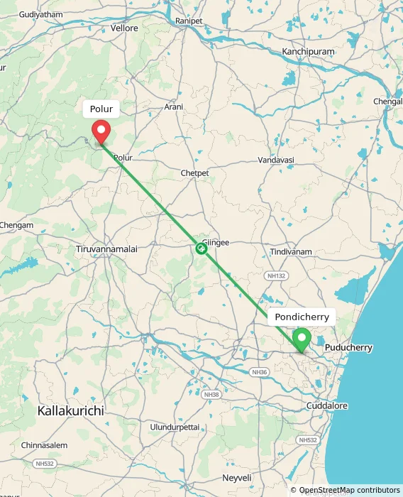 Route map showing distance and travel time from Puducherry, India to Polur, India