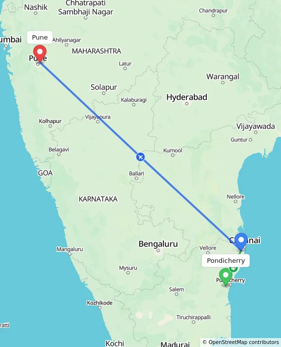 Route map showing distance and travel time from Puducherry, India to Pune, India