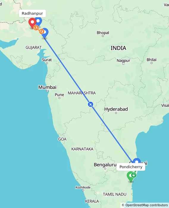 Route map showing distance and travel time from Puducherry, India to Radhanpur, India