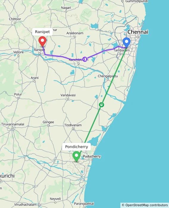 Route map showing distance and travel time from Puducherry, India to Ranipet, India