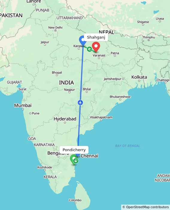 Route map showing distance and travel time from Puducherry, India to Shahganj, India