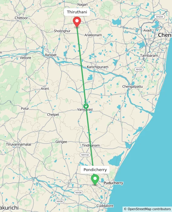 Route map showing distance and travel time from Puducherry, India to Thiruthani, India