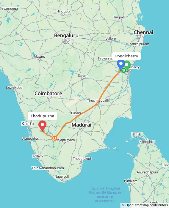 Route map showing distance and travel time from Puducherry, India to Thodupuzha, India