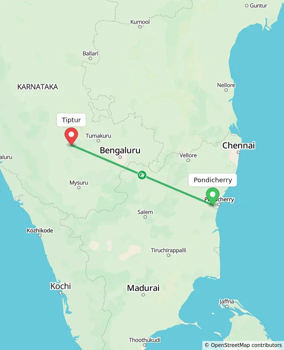 Route map showing distance and travel time from Puducherry, India to Tiptur, India