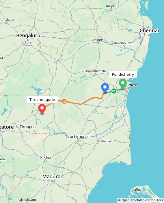 Route map showing distance and travel time from Puducherry, India to Tiruchengode, India