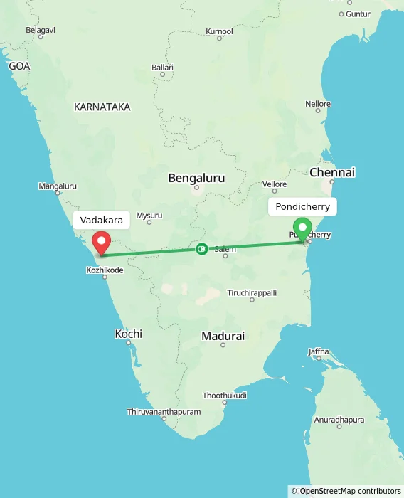Route map showing distance and travel time from Puducherry, India to Vadakara, India