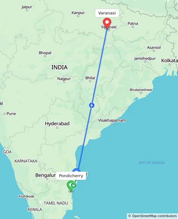 Route map showing distance and travel time from Puducherry, India to Varanasi, India