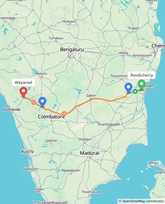 Route map showing distance and travel time from Puducherry, India to Wayanad, India