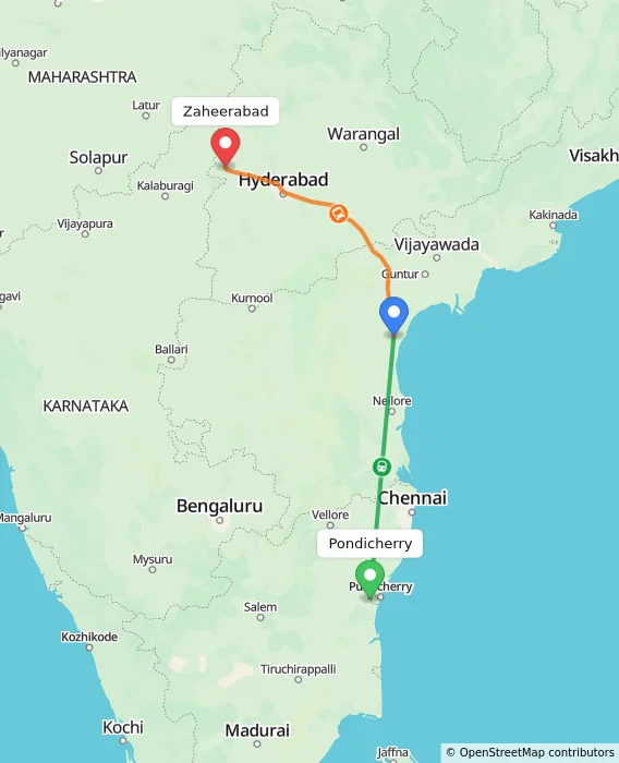 Route map showing distance and travel time from Puducherry, India to Zaheerabad, India