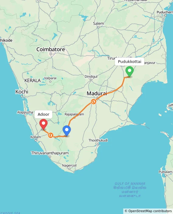 Route map showing distance and travel time from Pudukkottai, India to Adoor, India