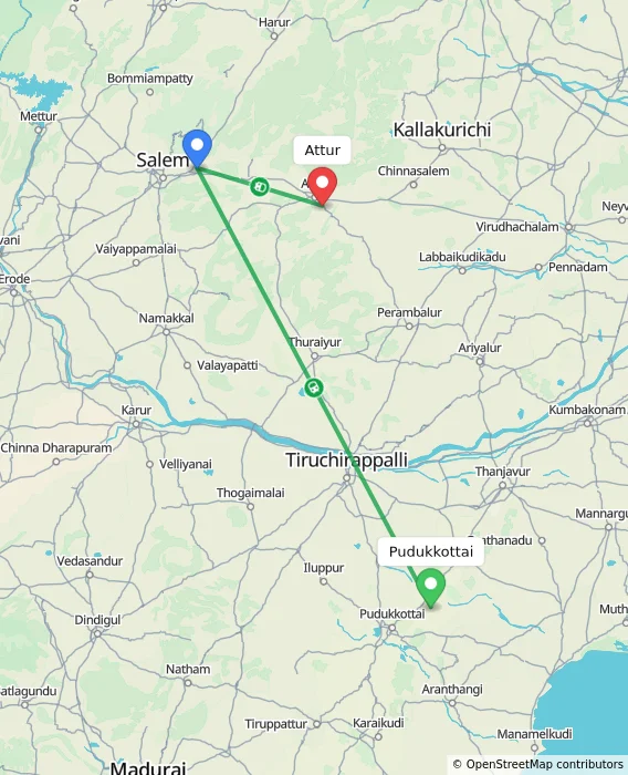 Route map showing distance and travel time from Pudukkottai, India to Attur, India