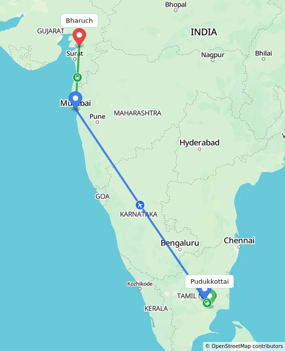 Route map showing distance and travel time from Pudukkottai, India to Bharuch, India