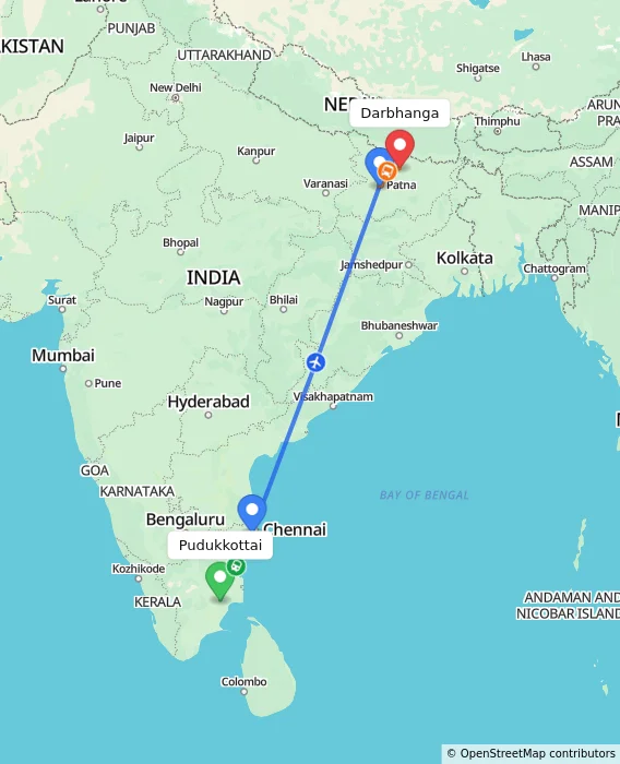 Route map showing distance and travel time from Pudukkottai, India to Darbhanga, India