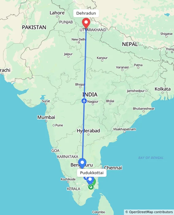 Route map showing distance and travel time from Pudukkottai, India to Dehradun, India